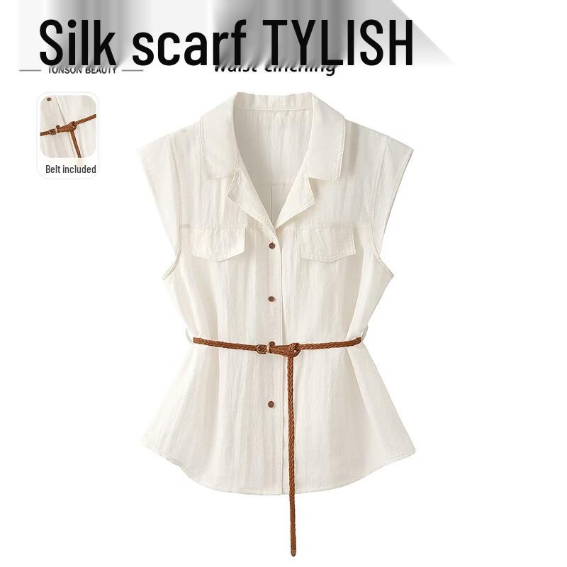 Women s Tencel Linen Sleeveless Lapel Blouse S