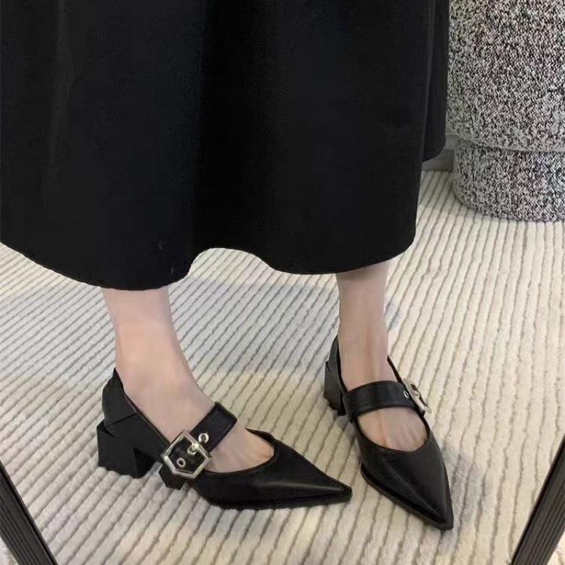 French retro Mary Jane thick-heeled single shoes women's 2025 new temperament pointed one-word buckle with small fragrant high heels