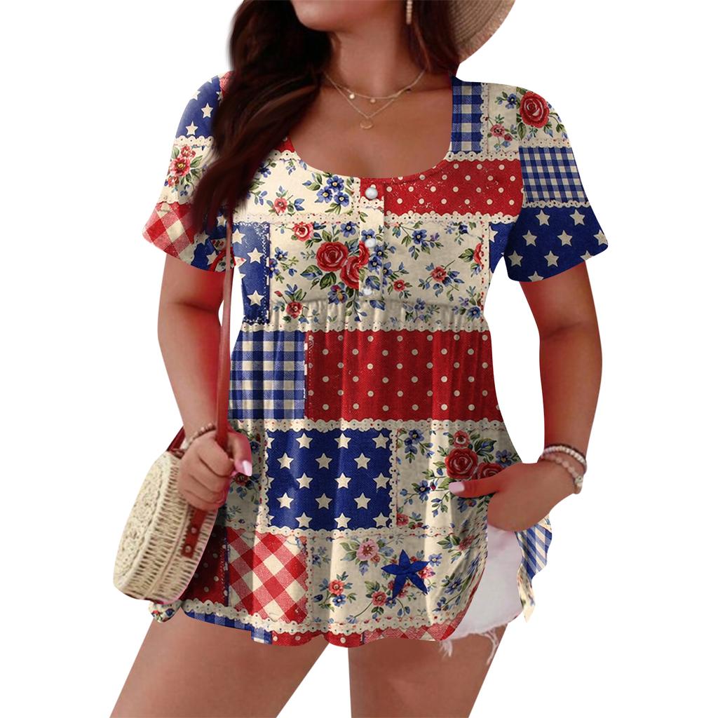 Women's Fashionable Casual Short Sleeve Loose Fit Button Front Printed Blouse