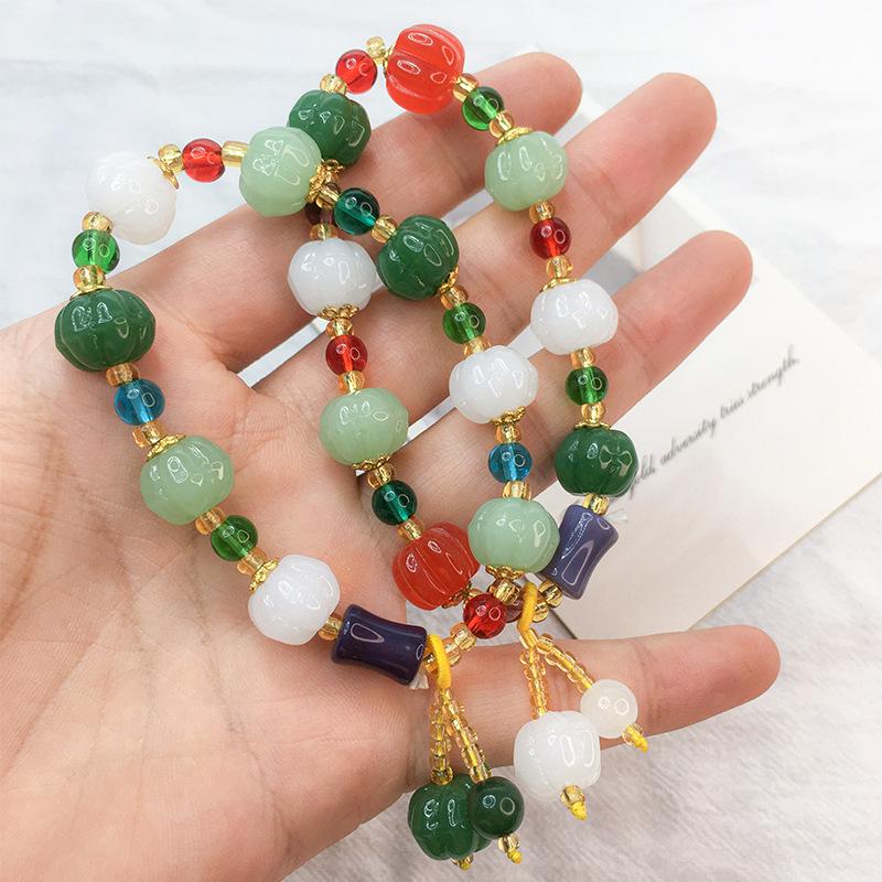 Women's Multi-Color Natural Jade Pumpkin Bead Bracelet