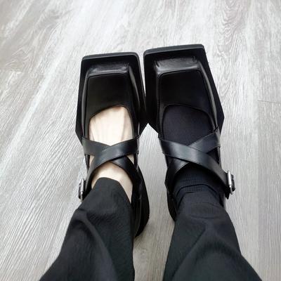 Mode Sexy Mary Jane Schuhe mit eckiger Zehenpartie Damen Keilabsatz Plateau Schuhe für Damen Bequeme Leder PU Ballerinas Kreuzband Schnalle Freizeitschuhe