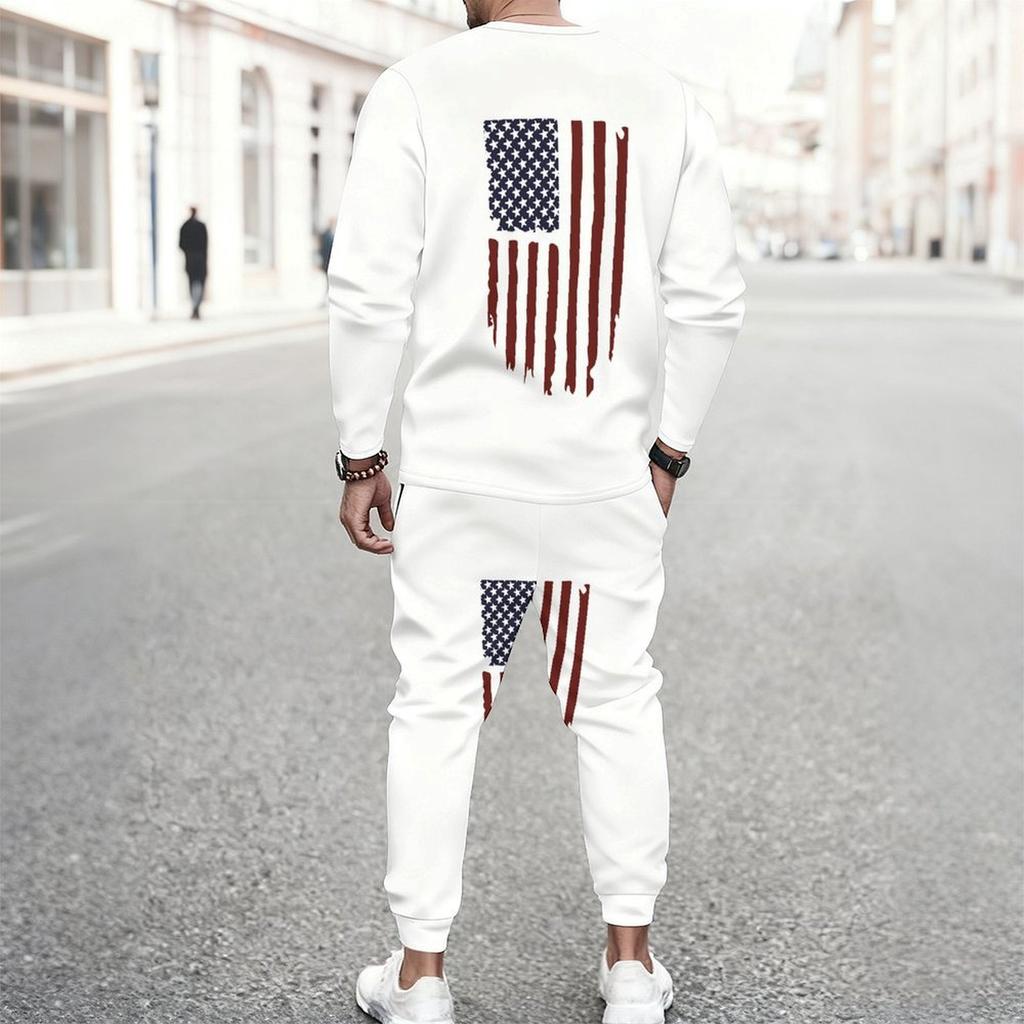 Men Torn Ripped Effect American Flag Star Print Long Sleeve Sweatshirt And Jogger Pants Two Piece Outfit