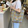 Japanese Style Plaid Canvas Tote Bag Leisure Lattice Handbag Double Sided Shoulder Bag  Student