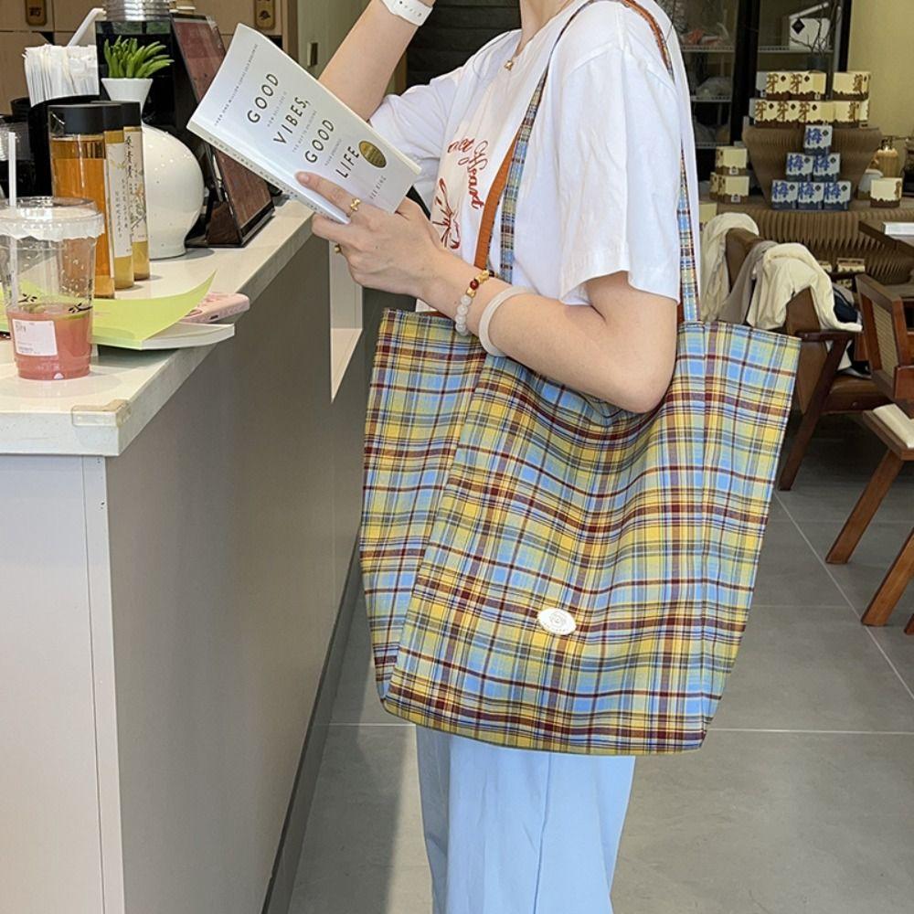 Japanese Style Plaid Canvas Tote Bag Leisure Lattice Handbag Double Sided Shoulder Bag  Student