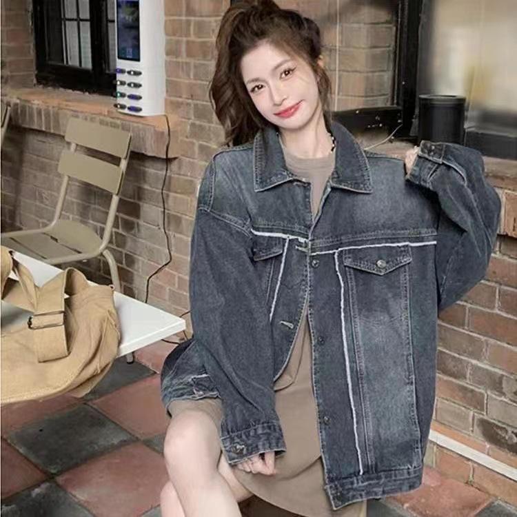Damen Kapuzen-Jeansjacke mit langen Ärmeln Locker geschnitten Cropped Truckerjacke Koreanischer Pendlerstil Einreihiger Jean-Mantel