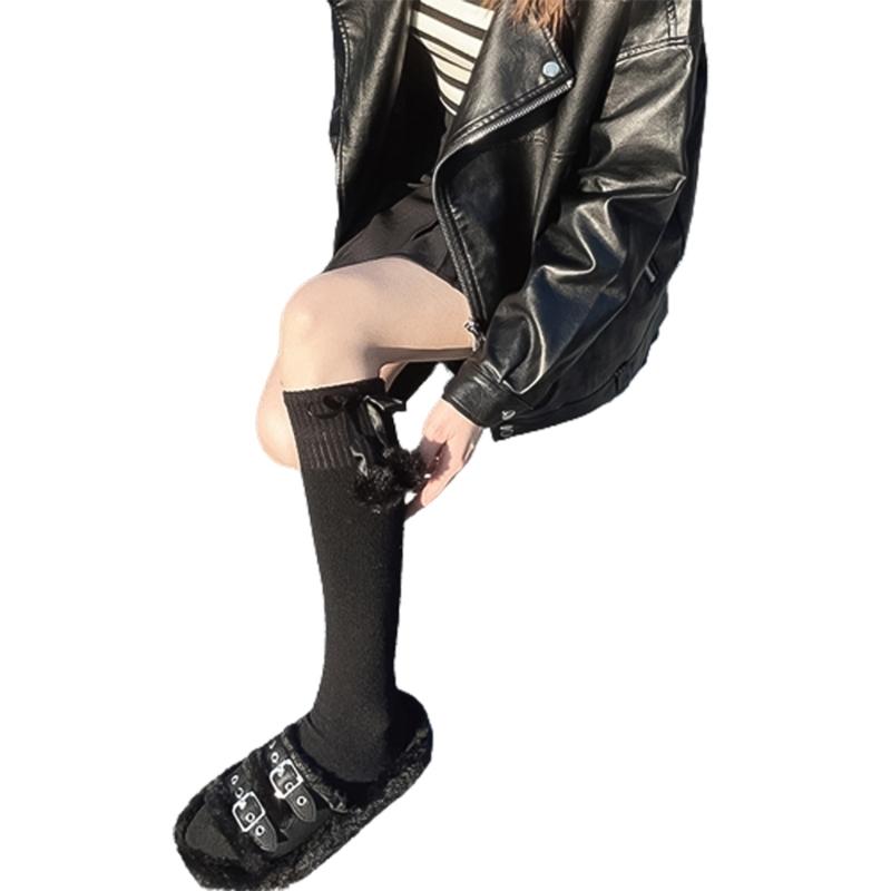 Damen kniehohe Socken Strümpfe Lolitas Schleife Schnürung Wadenstrümpfe Bommel Oberschenkelhohe Strümpfe Süß Niedlich Überknie-Socken