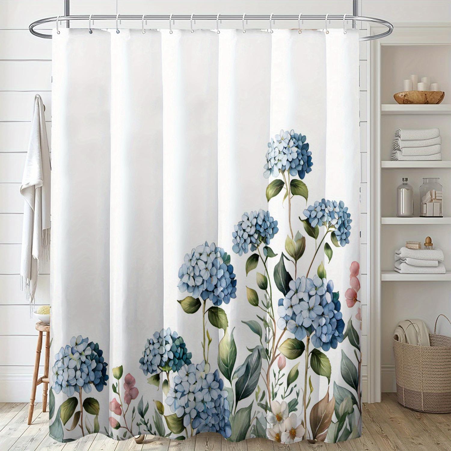 Annier Blue 1 X Hydrangea Print Shower Curtain With Hooks - Polyester Fabric, Machine Washable, Suitable For Bathroom Decoration