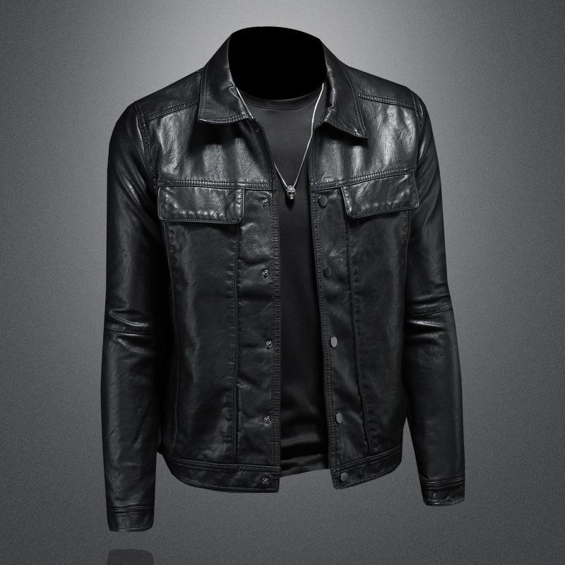 

New Style Padded Mens Lapel Motorcycle Leather Jacket Slim Fit Trendy Outerwear 8117-2 5XL чорний