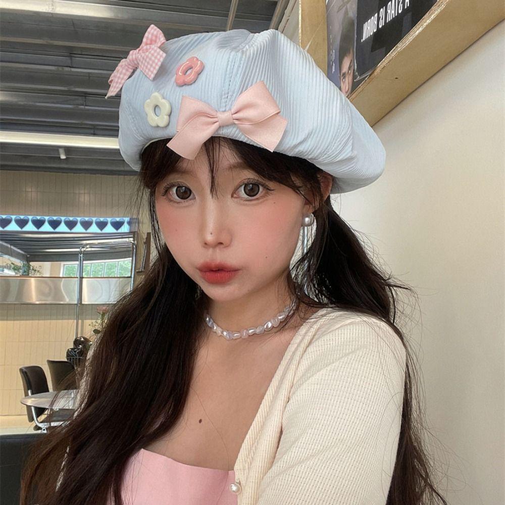 Solid Color Bow Flower Beret Cotton Painter Hat Cute Octagonal Cap Girl