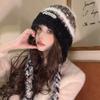 A Japanese style Winter Country Style Plush Double Braid Color Blocked Cold proof and Warm Ear Protecting Hat That Shows Off The Face