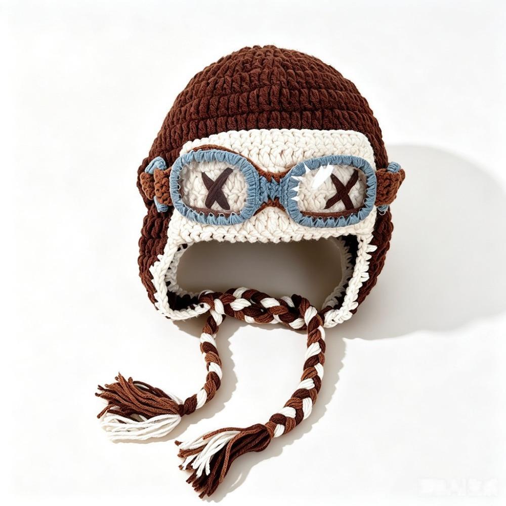 Windproof Knitted Beanie Crocheted Earflap Cap Casual Winter Pilot Hat With Goggles  Cycling