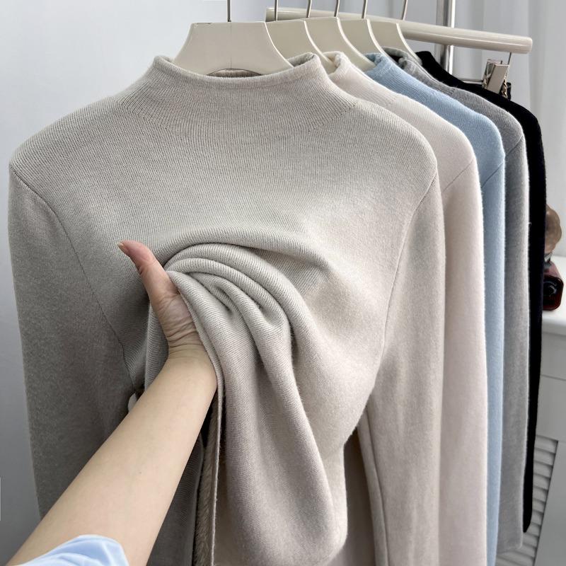 Autumn Winter Half High Collar Velvet Warm Vantage T-shirt Women Long Sleeve All-match Bottomed Sweater
