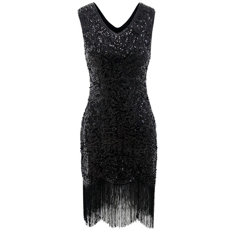 S Vintage Gatsby Sequin Dress Gala Dress Tassel Dress Double V-Neck Dress Stage Performance Costume