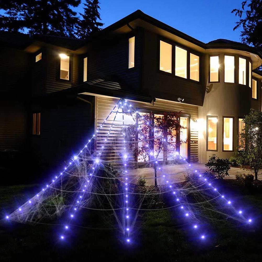 Haunted House Props Spider Web 8 Modes LED Spider Net Halloween Spider Web String Light for Party Garden Hanging Halloween Decor