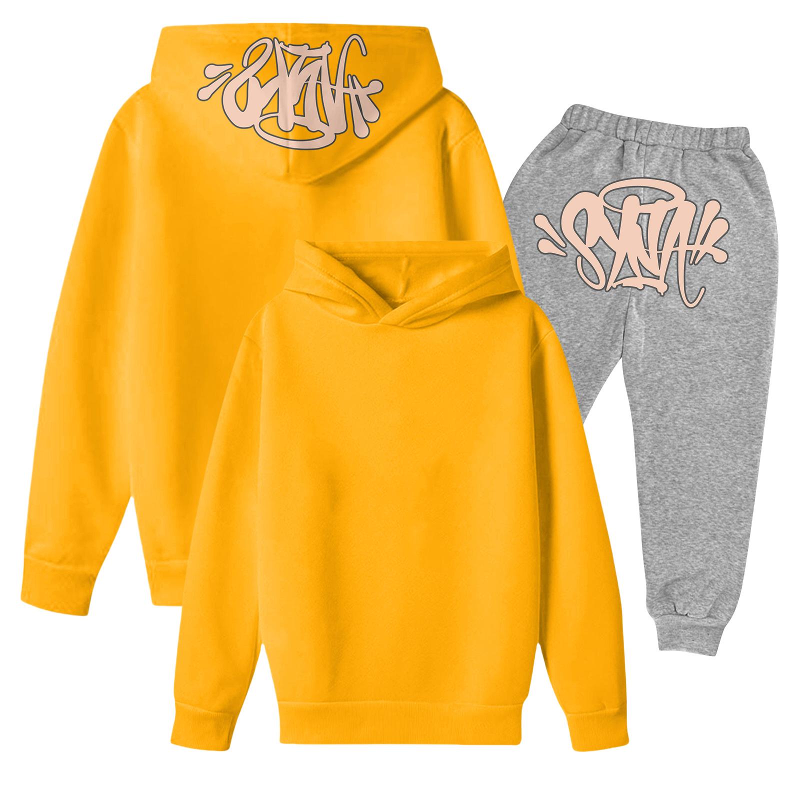 

Kids Long Sleeve Loose Pullover Letter Print Drawstring Hooded Sweatshirt Set 150 жёлтый