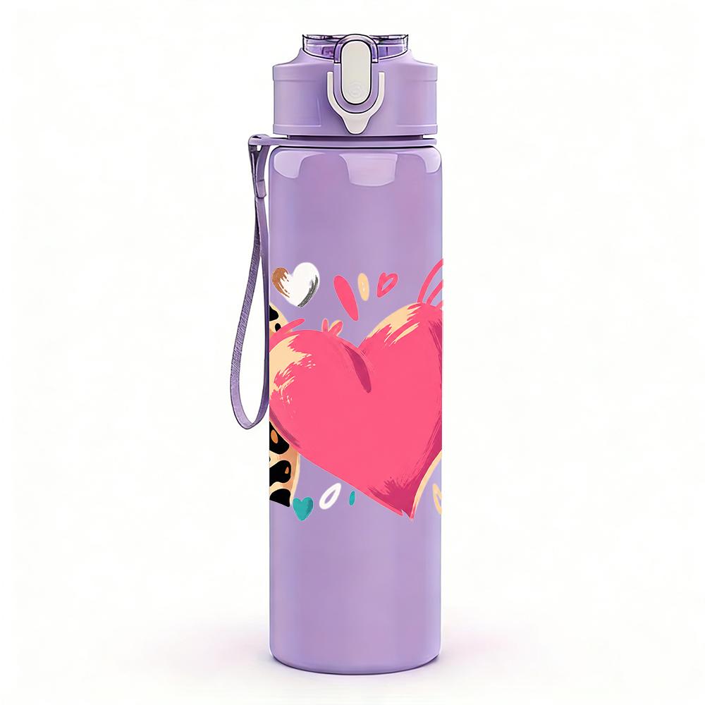 1PC Multi Texture Patch Heart Combo 750ml Color Plastic Sports Water Bottle Leakproof Flip Straw Lid Suitable for Sports Office Home Use