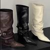 Fashion Women's Knee High Boots Fashion Thick-heeled Pointe Leather Boots Designer Belt Buckle High-Tube Long Boots Women Knight Booties