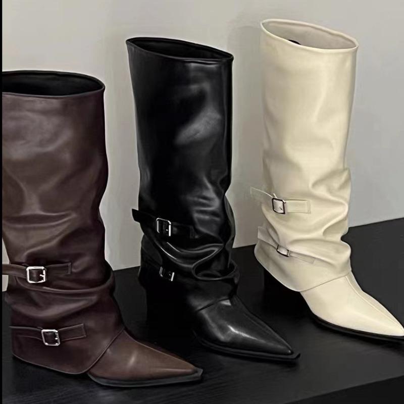 Fashion Women's Knee High Boots Fashion Thick-heeled Pointe Leather Boots Designer Belt Buckle High-Tube Long Boots Women Knight Booties