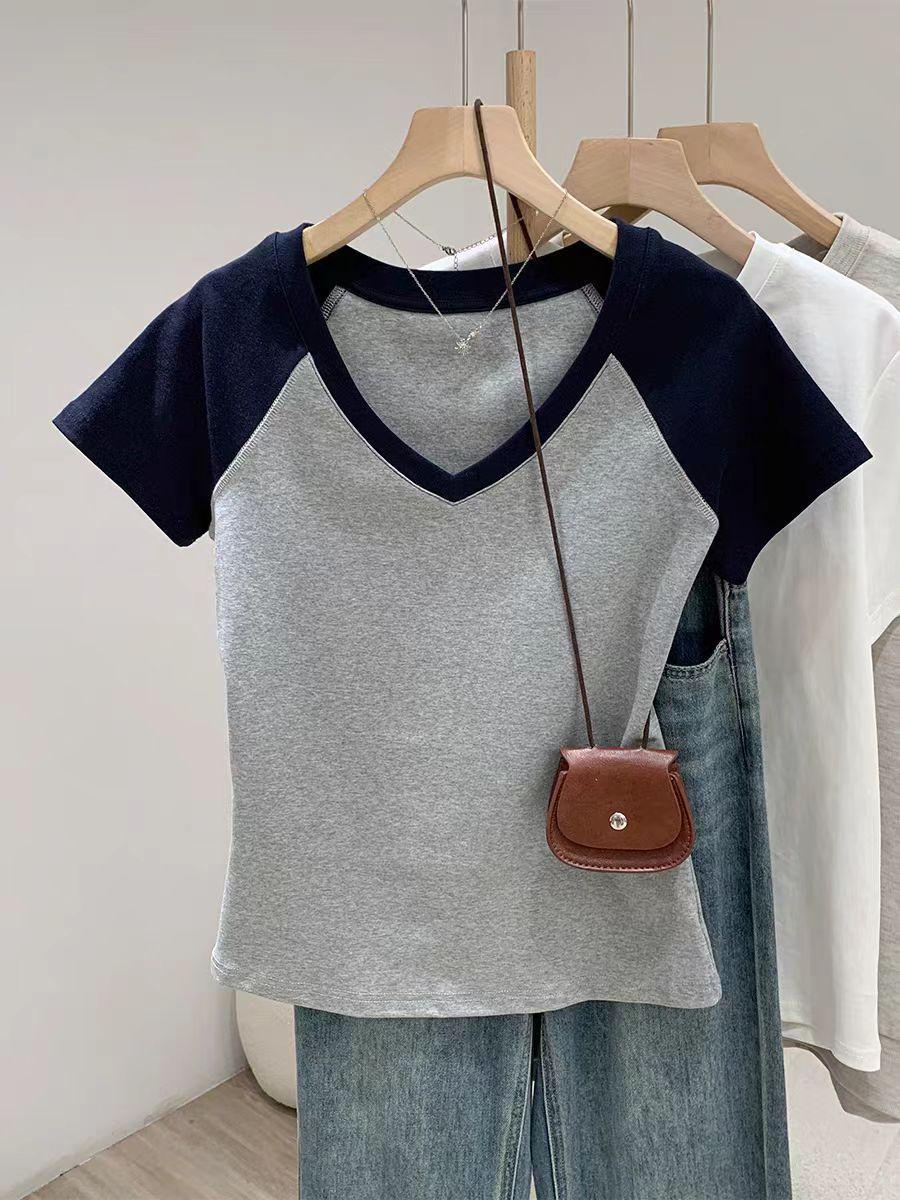 

Футболка Yeyuan Summer Retro с V-образным вырезом и короткими рукавами, облегающая, с цветными блоками, для женщин M (recommended for 50-57.5 kg) серый