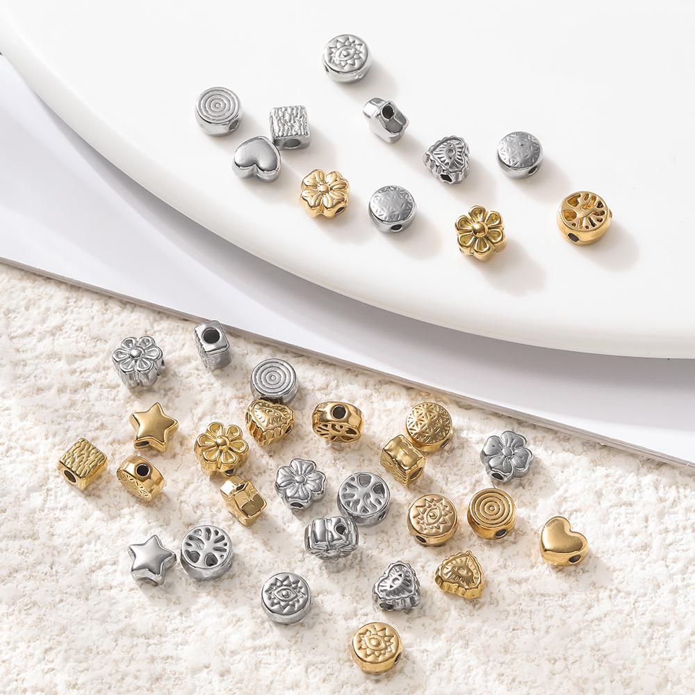 10Pcs/Pack Stainless Steel Various Shape Gold Steel Color Texture Spacer Beads for DIY Bracelet Jewelry Making Accessories