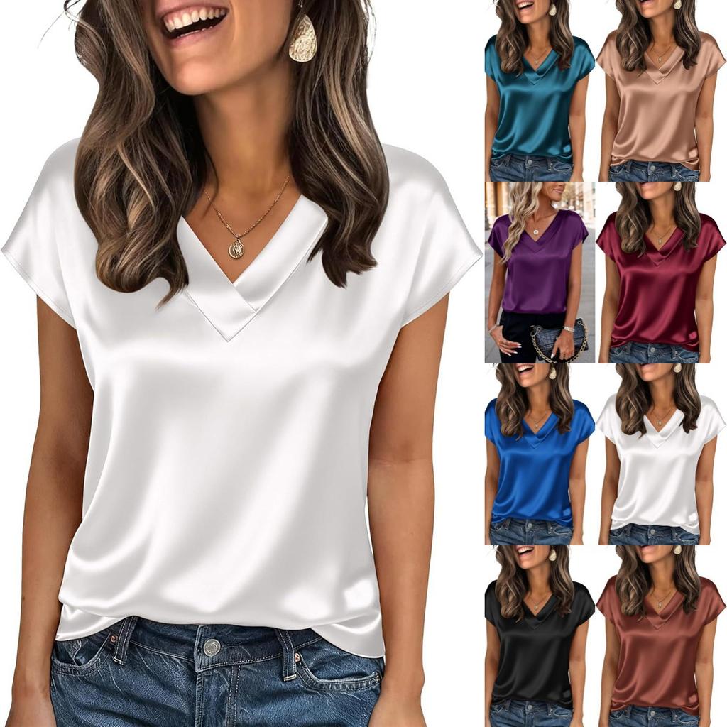 Summer, Satin Complexion, V-neck, Shirt Collar, Women's, Short Sleeved, Top, Women's Clothing