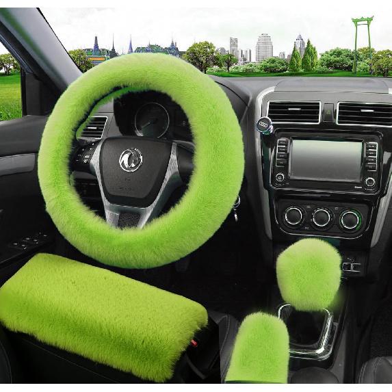 Dotesy 4 Pcs/Set Fluffy Faux Wool Car Steering Wheel Cover & Furry Auto Center Console & Gear Shift Knob & Handbrake Cover Universal Warm Winter