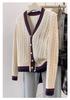 College Style V-Neck Color Block Wool Cardigan Women's Slimming Cable Knit Sweater Coat