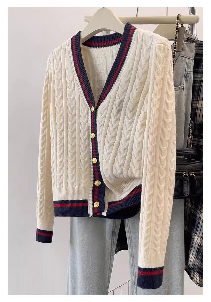College Style V-Neck Color Block Wool Cardigan Women's Slimming Cable Knit Sweater Coat