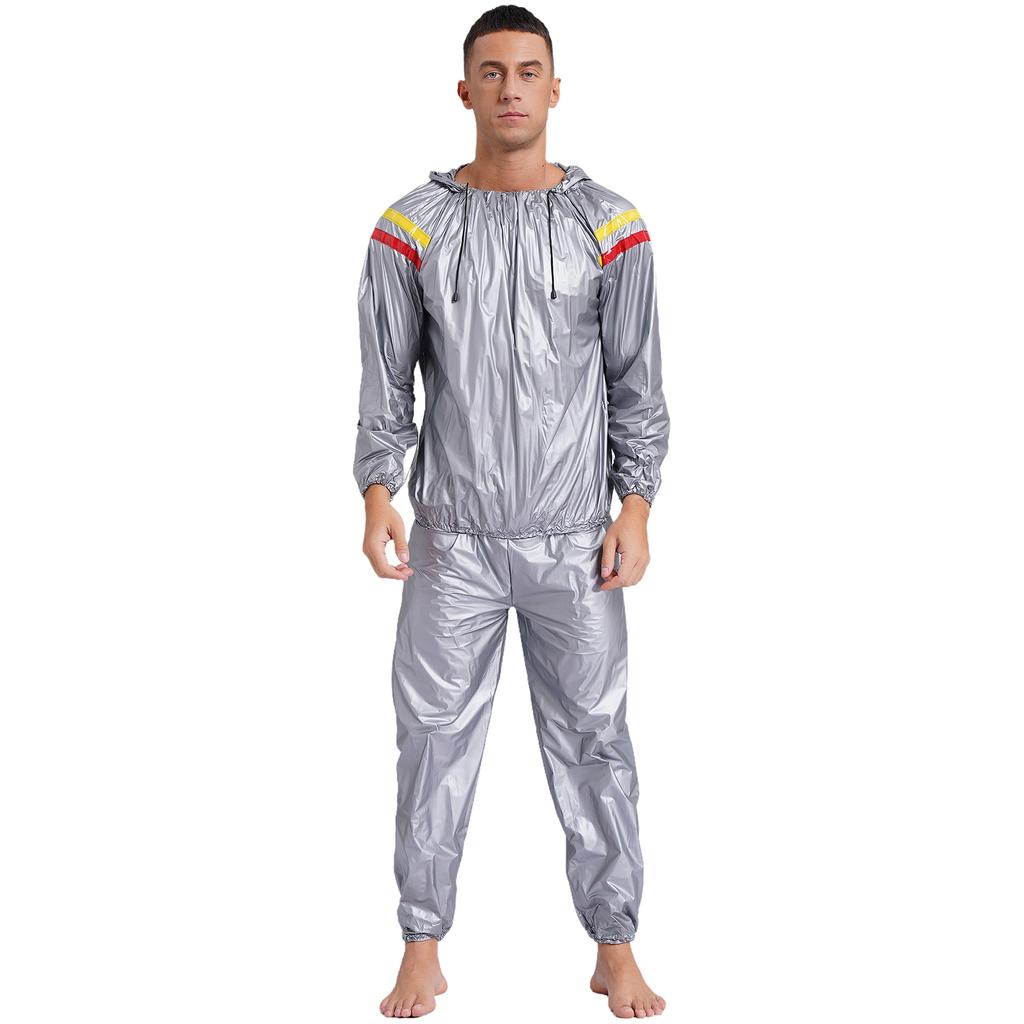 S-4XL Tuta da Sauna Sudorazione Uomo Manica Lunga Giacca con Cappuccio con Pantaloni a Vita Elastica PVC Allenamento Palestra Outfit