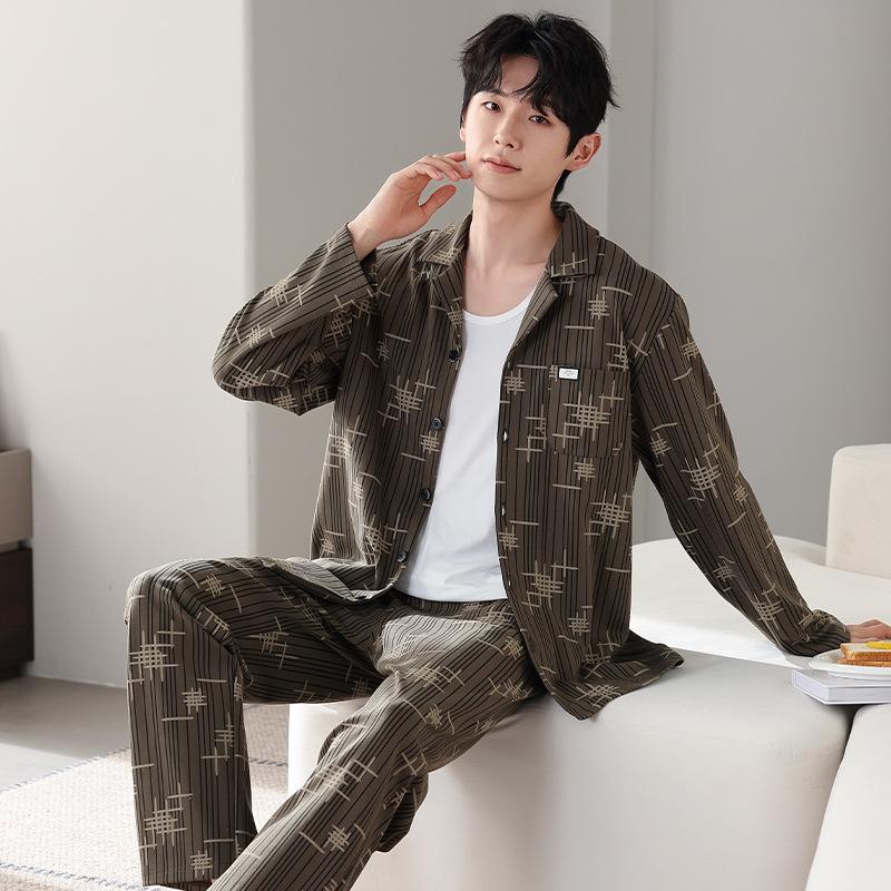 Men'S Pajamas Men'S Spring And Autumn Cotton Long-Sleeved Autumn And Winter Autumn Cotton Loungewear Set