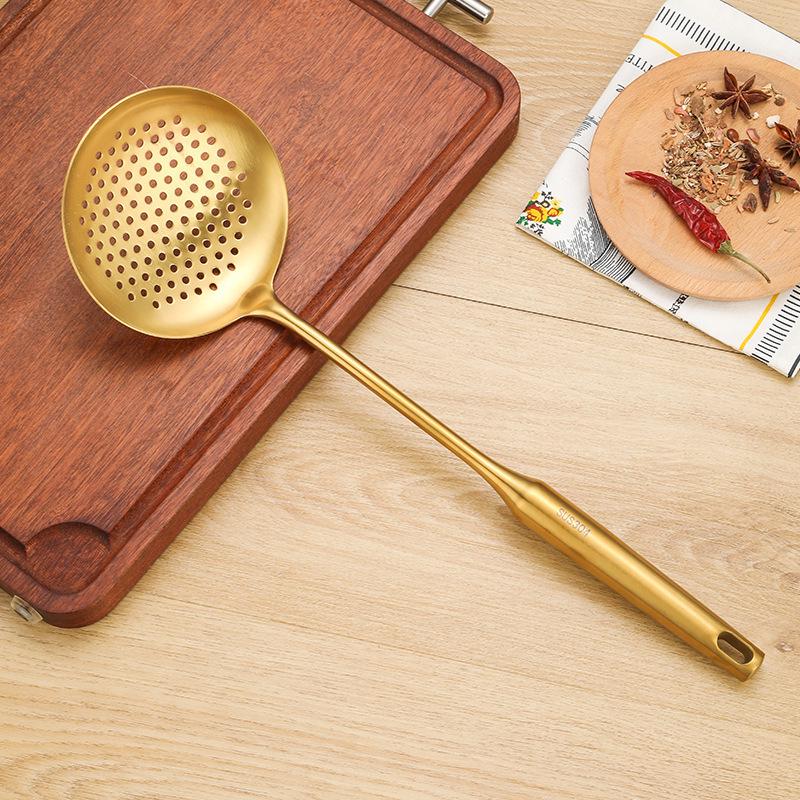 Set di pentole in acciaio inossidabile color oro: Paletta per Wok, Spatola, Mestolo per Zuppa.