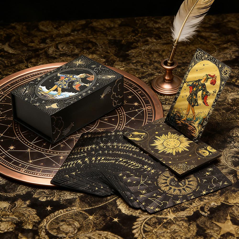 Luxe Finish Divinative Tarot Cards Fantastic Board Game Golden Foil Card Set For Predictive With Wooden Card Stand