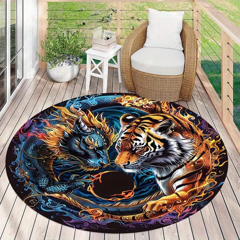 Dragon Tiger Yin Yang Round Rug Flannel Printed Carpet Chinese Theme Home Decor Cozy Soft Floor Mat Living Room Indoor Use