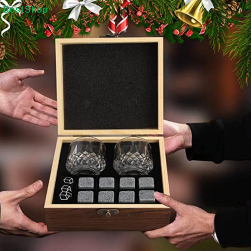 Whiskey Stones And Whiskey Glass Gift Set Of 4,For Men,Father's Day, 8 Granite Whiskey Stones,2 Whiskey Glasses,1 Wooden Box
