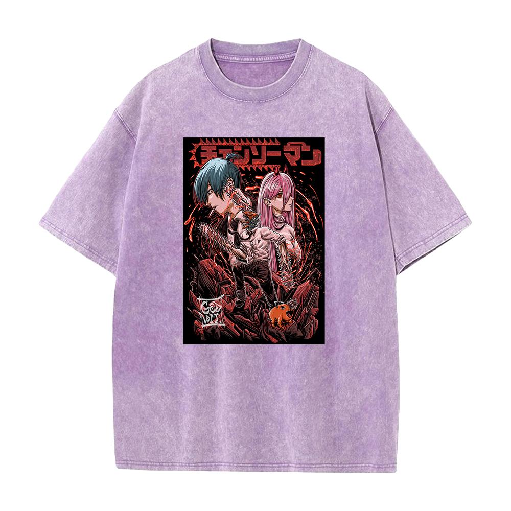 Chainsaw Man Anmie Tshirt Denji And Power Hayakawa Aki Print Men Women Washed Cotton Tshirts Harajuku Unisex Oversized T Shirt