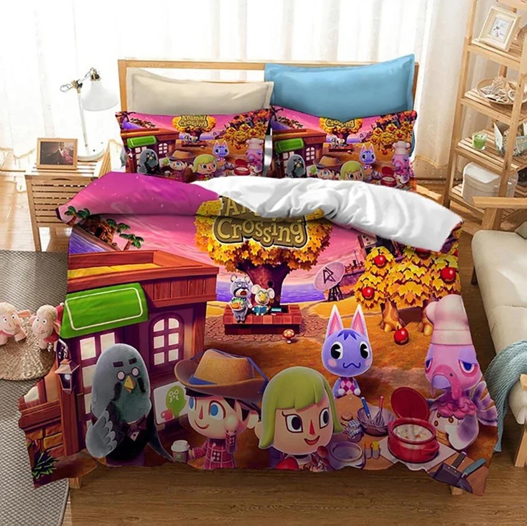 Kreskówkowy Zestaw Pościeli Animal Crossing Chłopcy Dziewczynki Rozmiar Twin Queen Poszwa na Kołdrę Poszewka na Poduszkę Łóżko Dzieci Dorośli Moda Tekstylia Domowe
