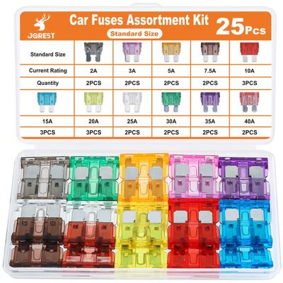 JOREST 25pcs Car Fuses, For Car/Truck/Motorcycle (2A 3A 5A 7.5A 10A 15A 20A 25A 30A 35A 40A), Standard Flat Fuse