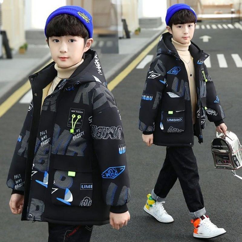Jungen Winter Gepolsterte Jacke Mode Plus Samt Mit Kapuze Warme Mantel Buchstaben Drucken Patchwork kinder Oberbekleidung Trenchcoat