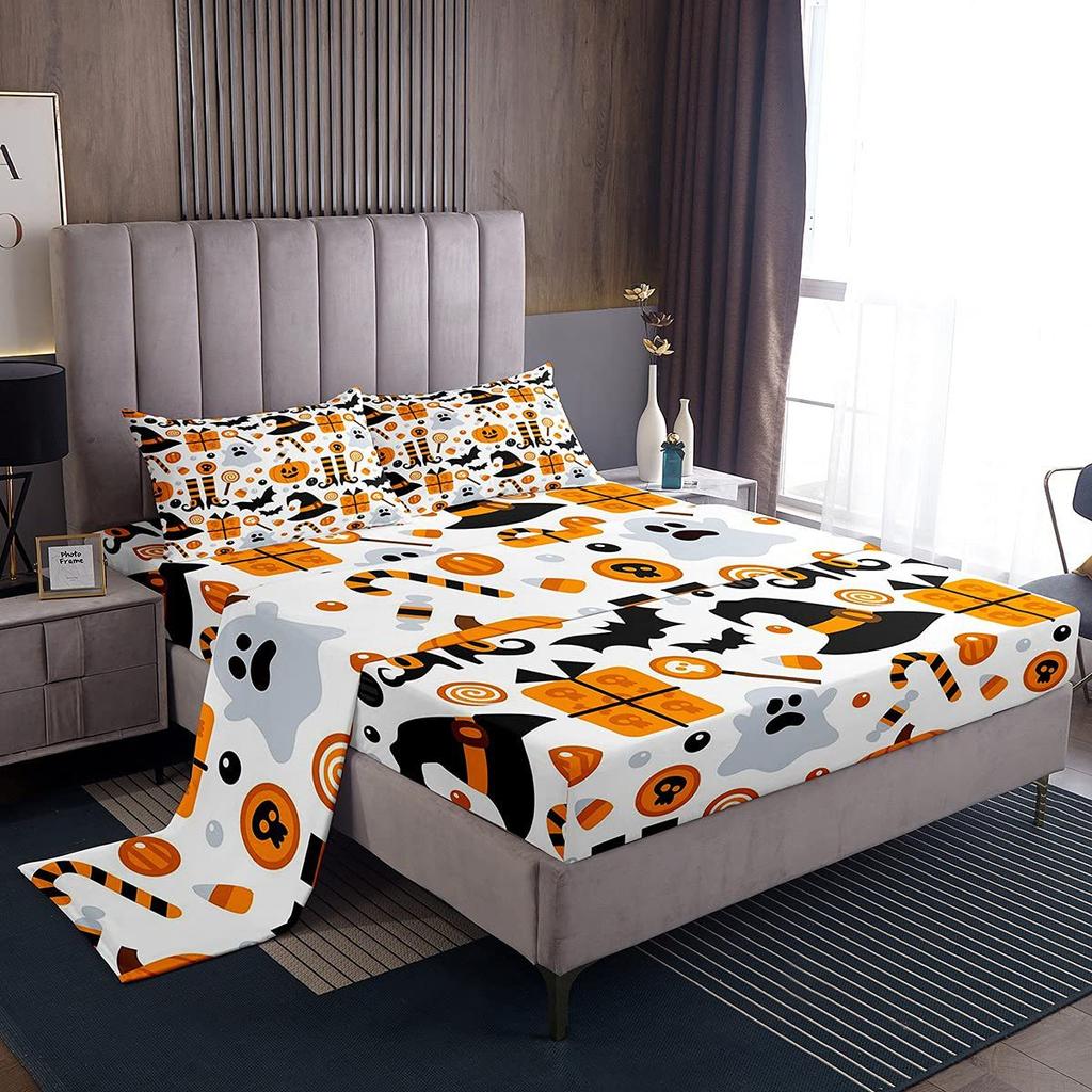 Halloween-Themed Pumpkin Pattern Bed Hat Four-Piece Bedding Set Bedroom Dormitory Bedding Decoration