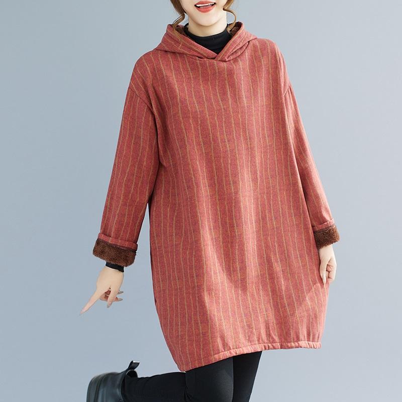 Long Sleeve Plus Size Cotton Hooded Vintage Stripe New In Dresses for Women Casual Loose Mini Spring Autumn Winter Dress