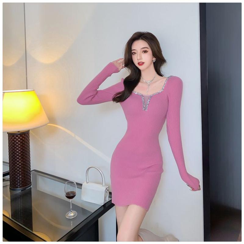 

Весенне-осеннее женское платье, трикотажное платье с длинными рукавами, французское темпераментное платье с квадратным вырезом и запахом, нижнее белье, женское нижнее белье XL розовый