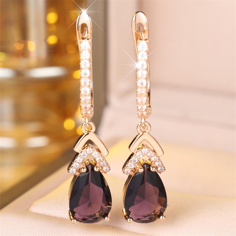 Aqua Blue Crystal Water Drop Stone Pendant Hoop Earrings For Women Multicolor Zircon Gold Color Ear Buckle Wedding Jewelry Gifts