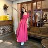 Large Size Women's Clothing Summer Rose Red French Coffee Break Bubble Sleeve Dress Fat Mm Belly Covering and Thin Square Neck Long Skirt