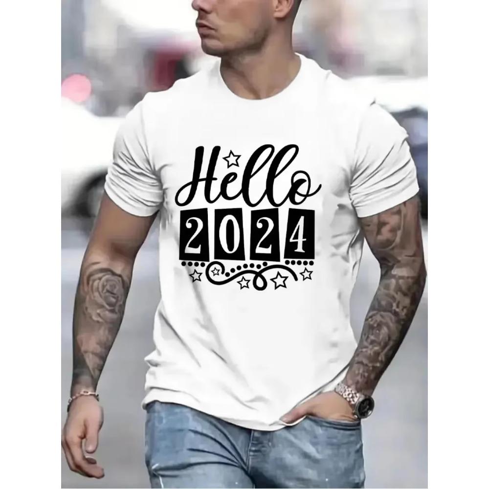 Hello 2024 Men's Brand T-shirts Funny Happy New Year 2024 Graphic Hip Hop Women Men Tshirts Streetwear Ulzzang Harajuku T-Shirt