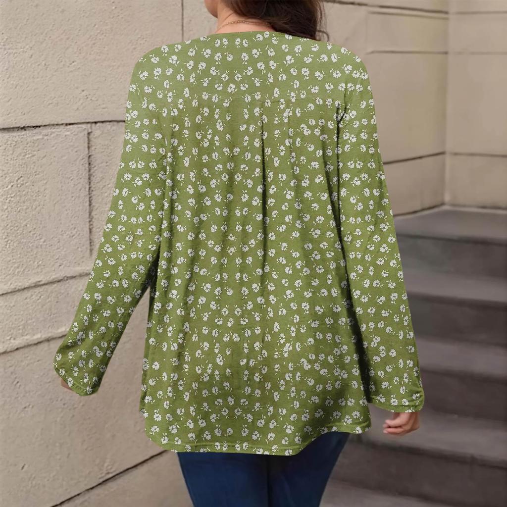 Dámské módní nadměrné velikosti potištěné ležérní plisované topy s kulatým výstřihem a dlouhým rukávem