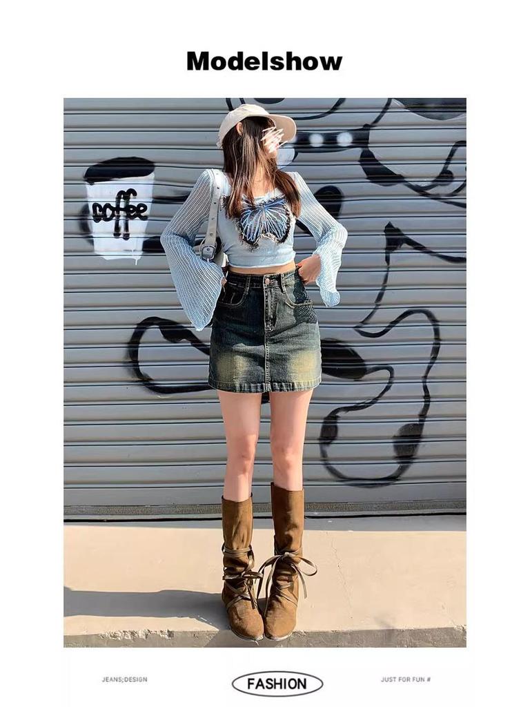 Women’s 2024 Spring High-Waisted Denim A-Line Mini Skirt, Anti-Exposure, Slimming, Hip-Hugging Design