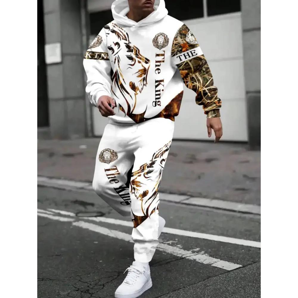 New Lion King Pattern Men's Hoodies Set 3d Printed Animal Clothing Long Sleeves Pants 2-pcs Casual Fashion Tracksuits