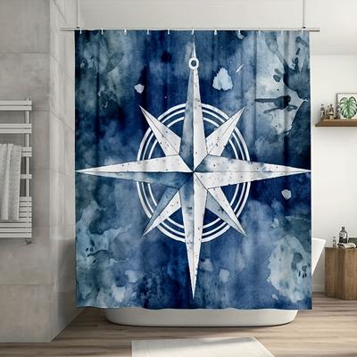 1pc Creek Blue & White Nautical Star Shower Curtain, Durable Polyester, Easy Clean, for Bathroom Decor