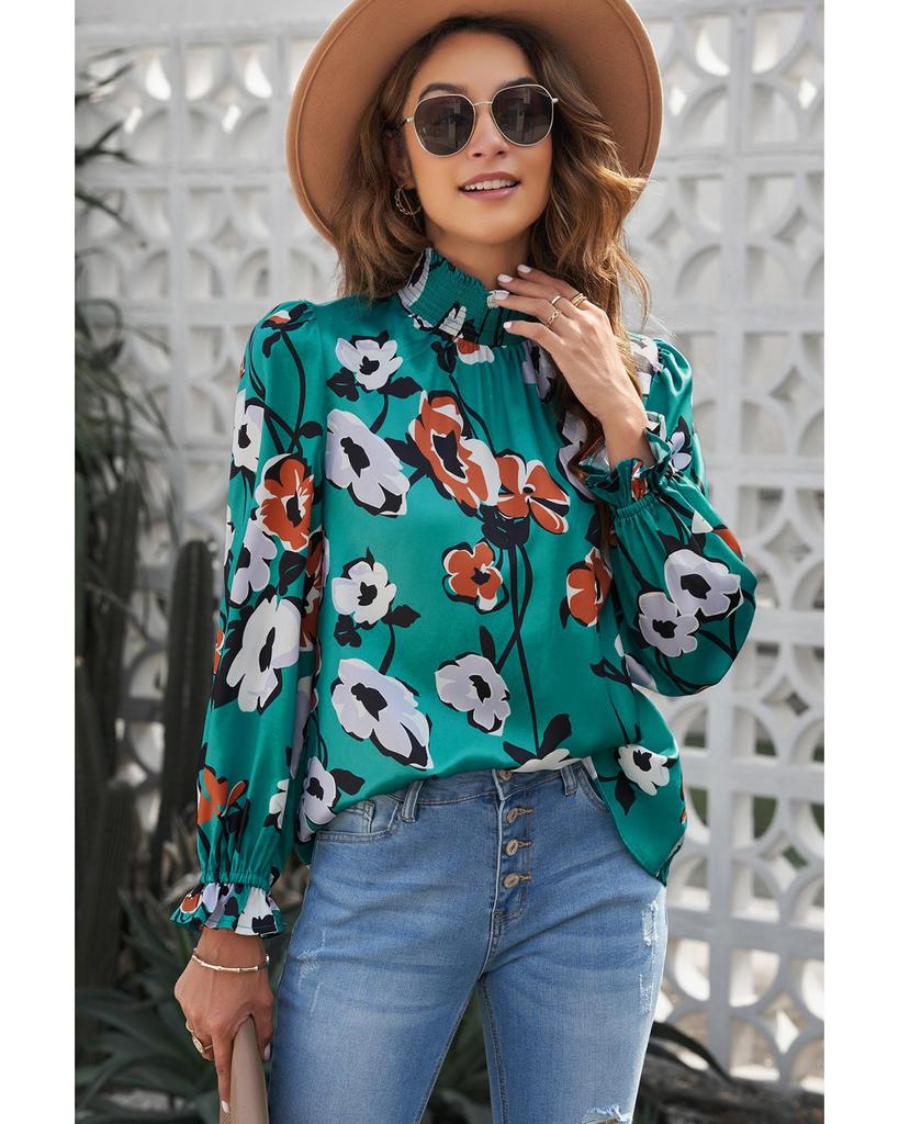 Azura Exchange Printed Smocked Mock Neck Blouse