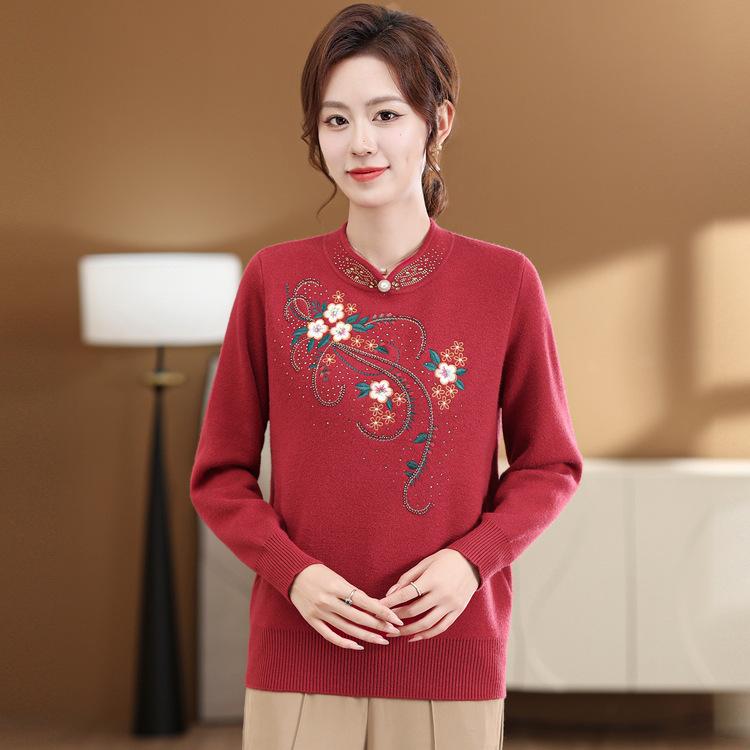 Nouveau Automne et Hiver Cheongsam Mère Col Brodé Pull Chaud Femmes d'Âge Moyen et Âgé Style Chinois Épaissi Pull Une Pièce